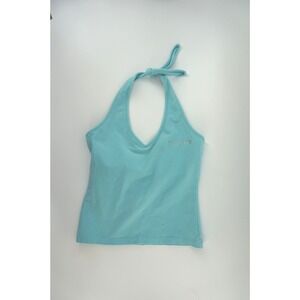 Bebe Y2K Halter Top Rhinestone Logo Open back Festival Blue Large